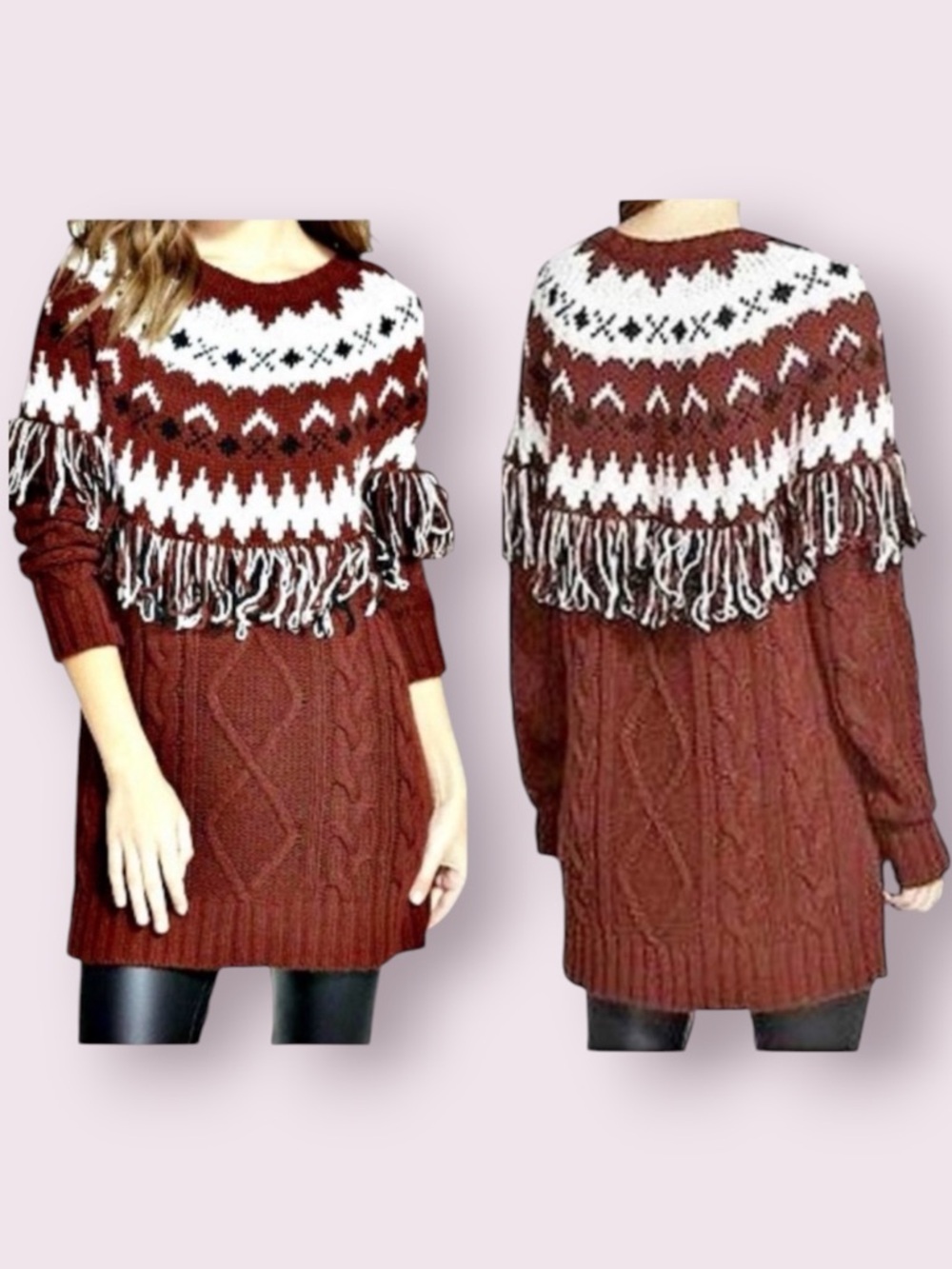 NWT Glamorous Fair Isle Tunic Sweater Fringes Cable Knit Burgundy Size Small